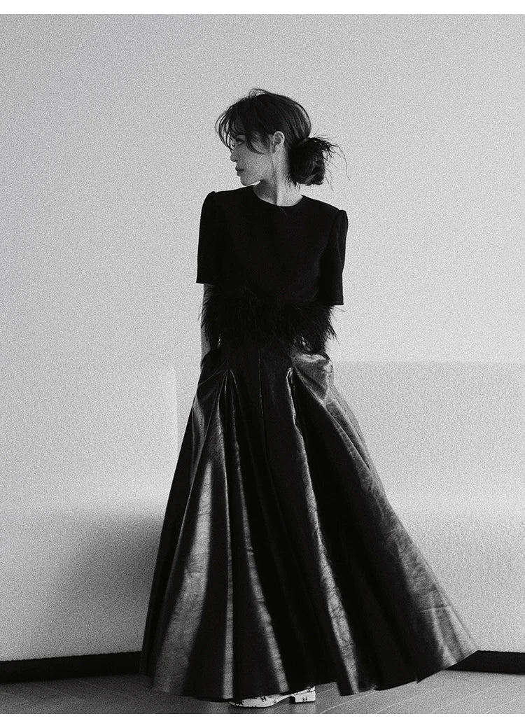 PU Leather Maxi Skirt - High Waist Pleated Black