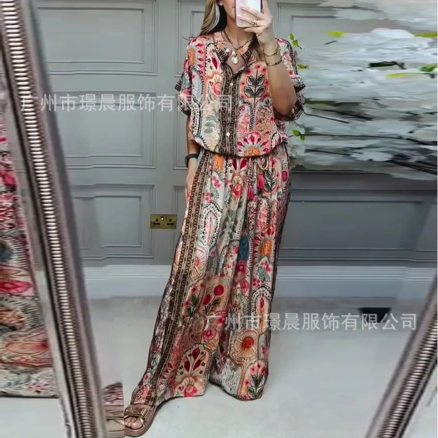 Conjunto Casual Mujer Top Estampado Pierna Ancha Suelto