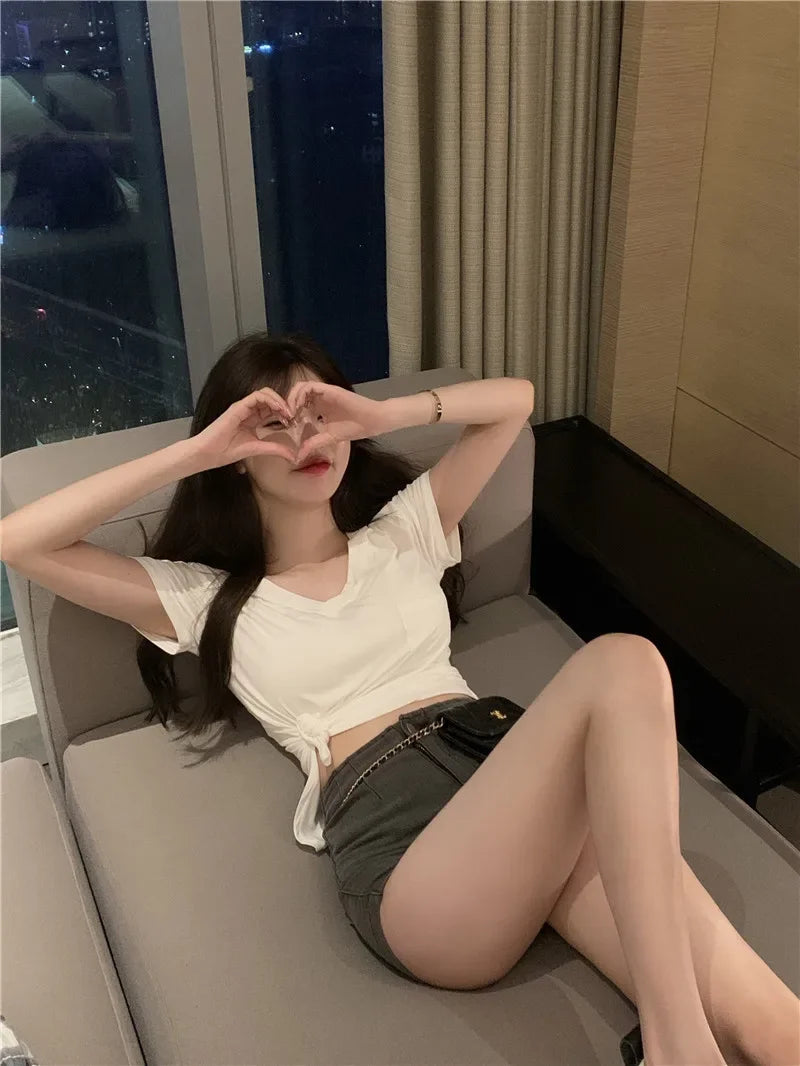 V-Neck T-Shirt - Irregular Hem Short Sleeve