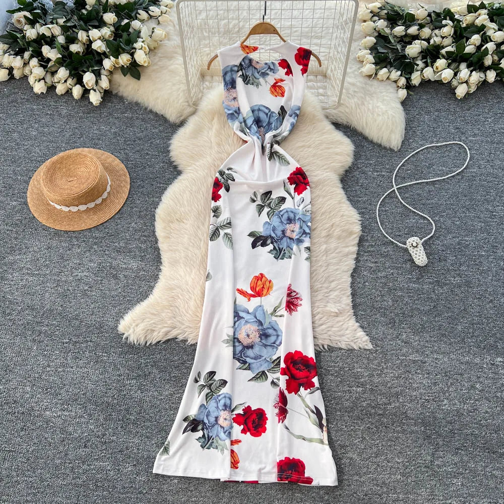 Pencil Dress - Vintage Print Sleeveless Spliced