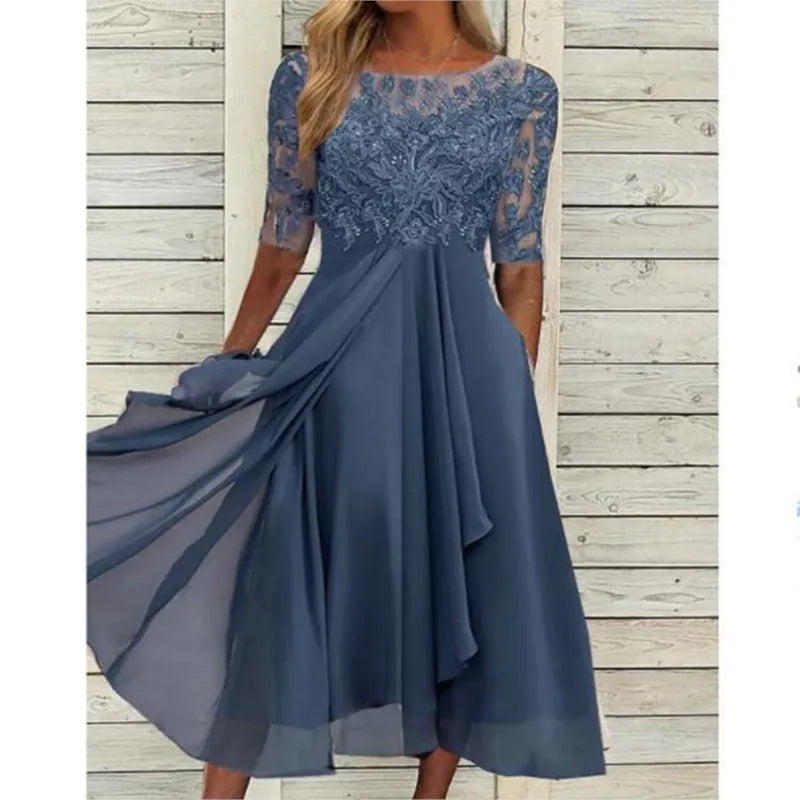 Vestido Midi Elegante Mujer Asimétrico Encaje Chifón Banquete