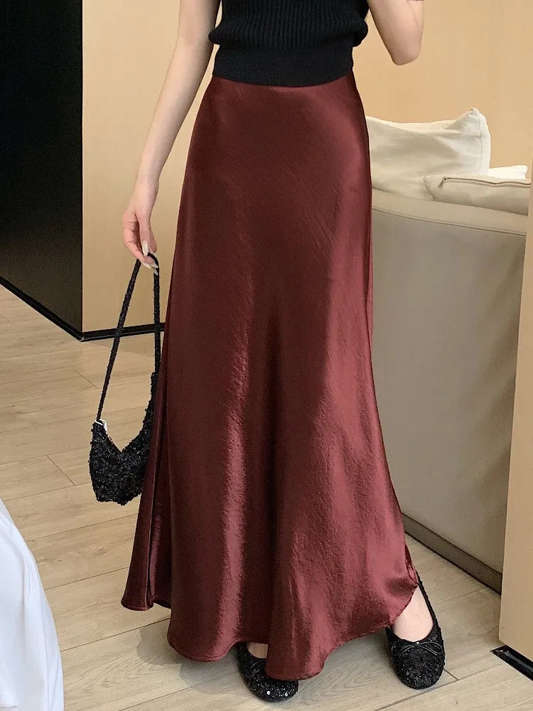 Pink Satin Midi Skirt - High Waist Fishtail Wrap