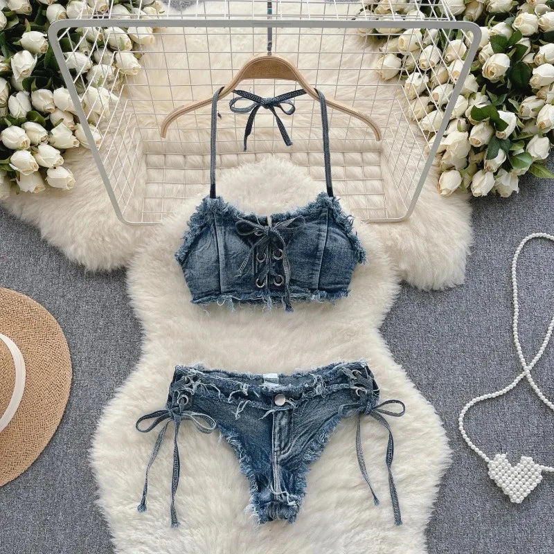 OIINAA Bathing Suit Women Sexy Denim Suits Bikini Set Lace Up Drawstring Beachwear 2025 Solid Summer Vintage Two-pieces Swimwear