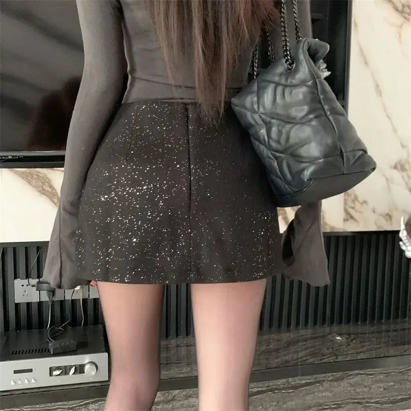 Women's Split-ended High-waisted Skirt Korean Fashion Irregular Diamond-encrusted Woolen Skirt 2025 New Hip-wrapped Skirt