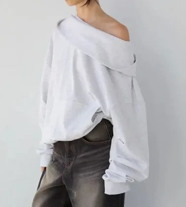 Polerón con Capucha Mujer Hombro Descubierto Urbano Manga Larga