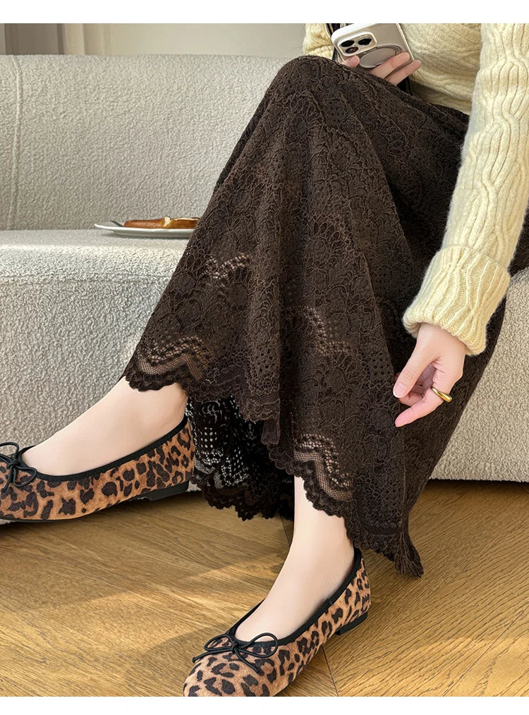 Retro Mid-length Lace Fleece Skirt Women Korean Fashion Fall Winter High-waisted Skirt Female Chic All Match Faldas 2025