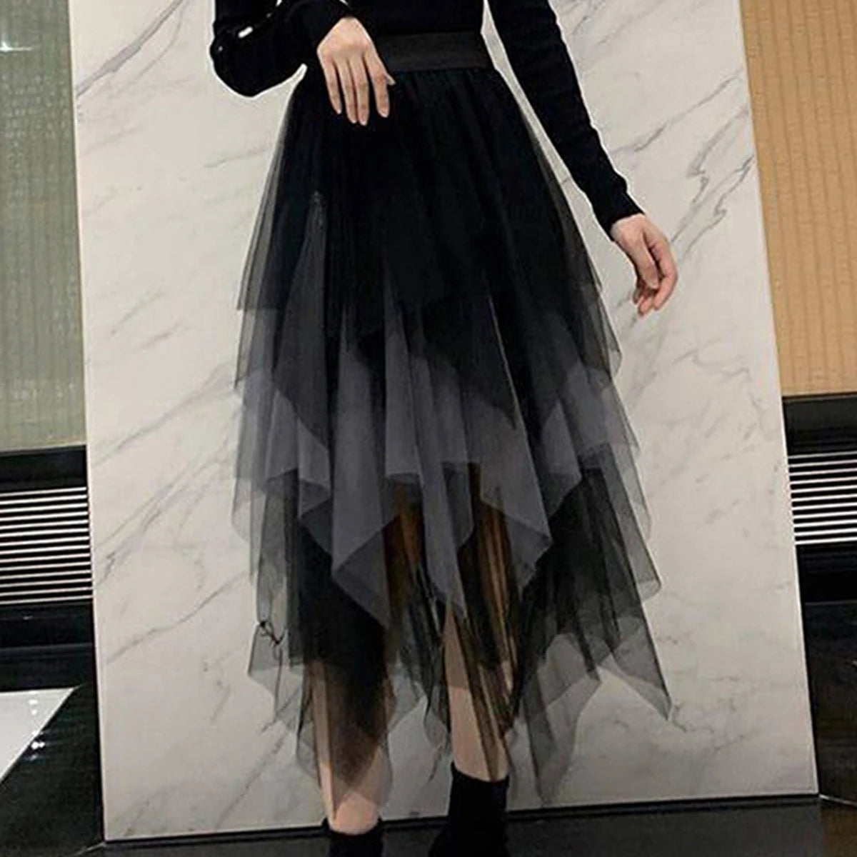 Tulle Midi Skirt - Elastic Waist Contrast Color