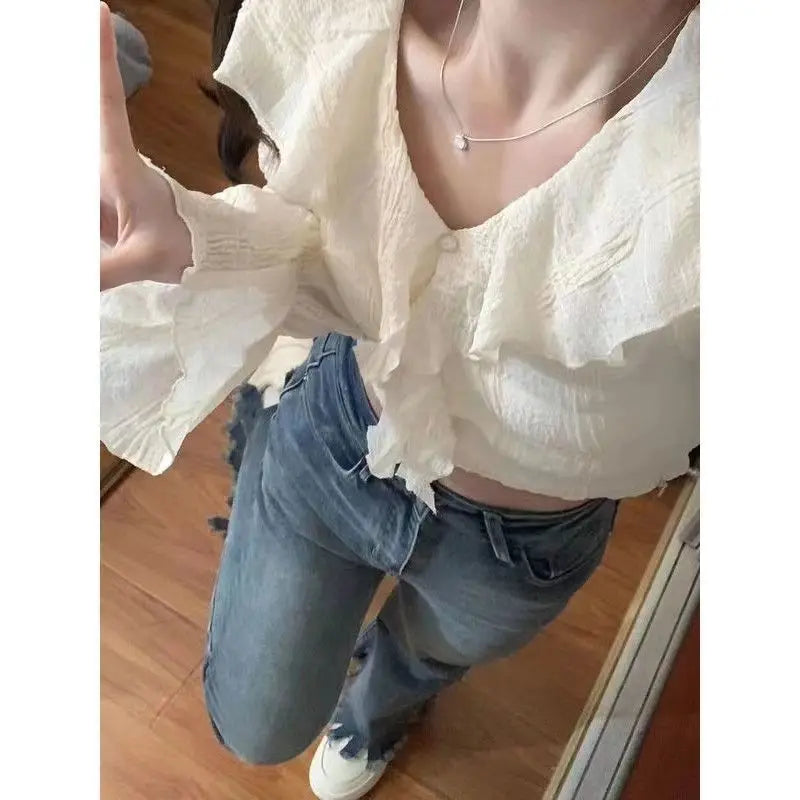 Blusa Coreana Crop Top Volantes Manga Larga Cuello V