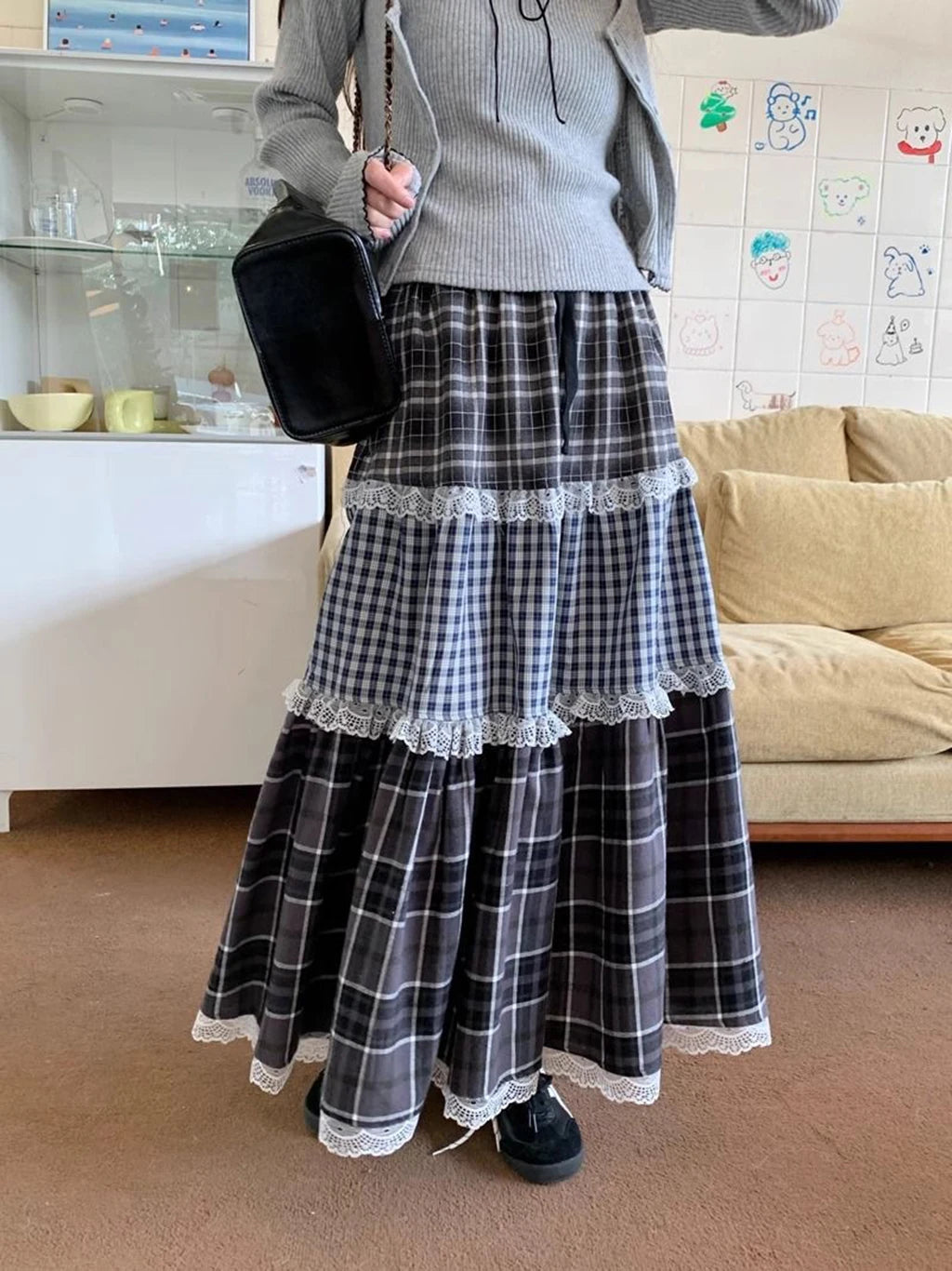 Patchwork Lace Long Skirt - High Waist Plaid Vintage