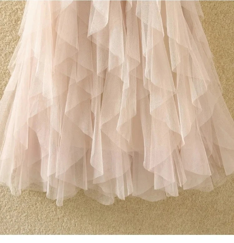 Tulle Maxi Skirt - High Waist Pleated Pink