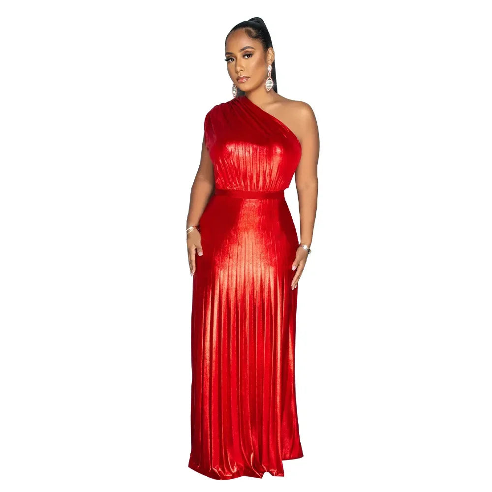 Vestido Largo Plisado Metálico Un Hombro Sin Mangas Brillante