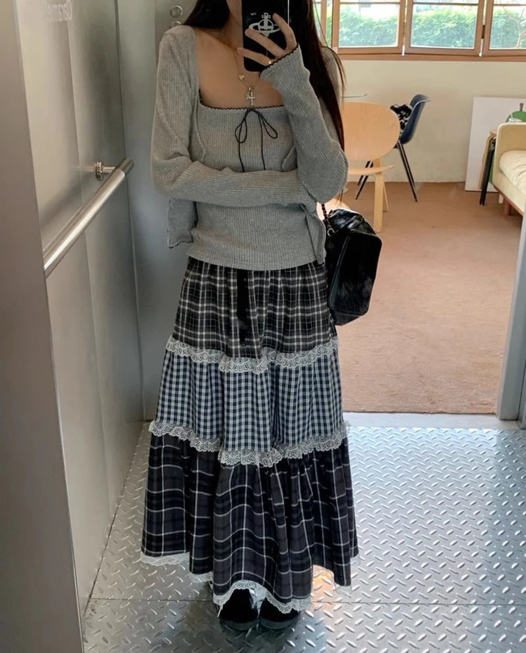 Patchwork Lace Long Skirt - High Waist Plaid Vintage