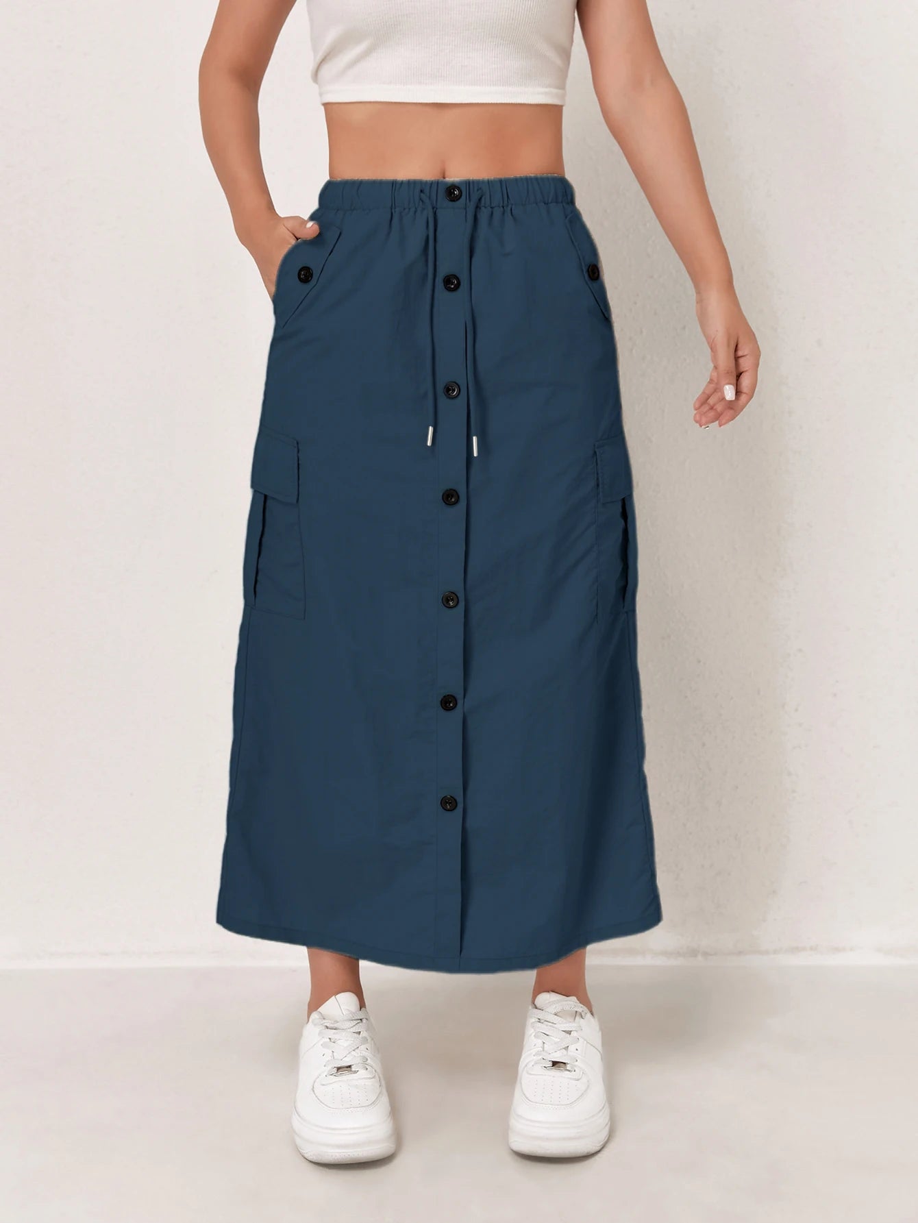 High Waist Cargo Skirt - Front Button Pockets