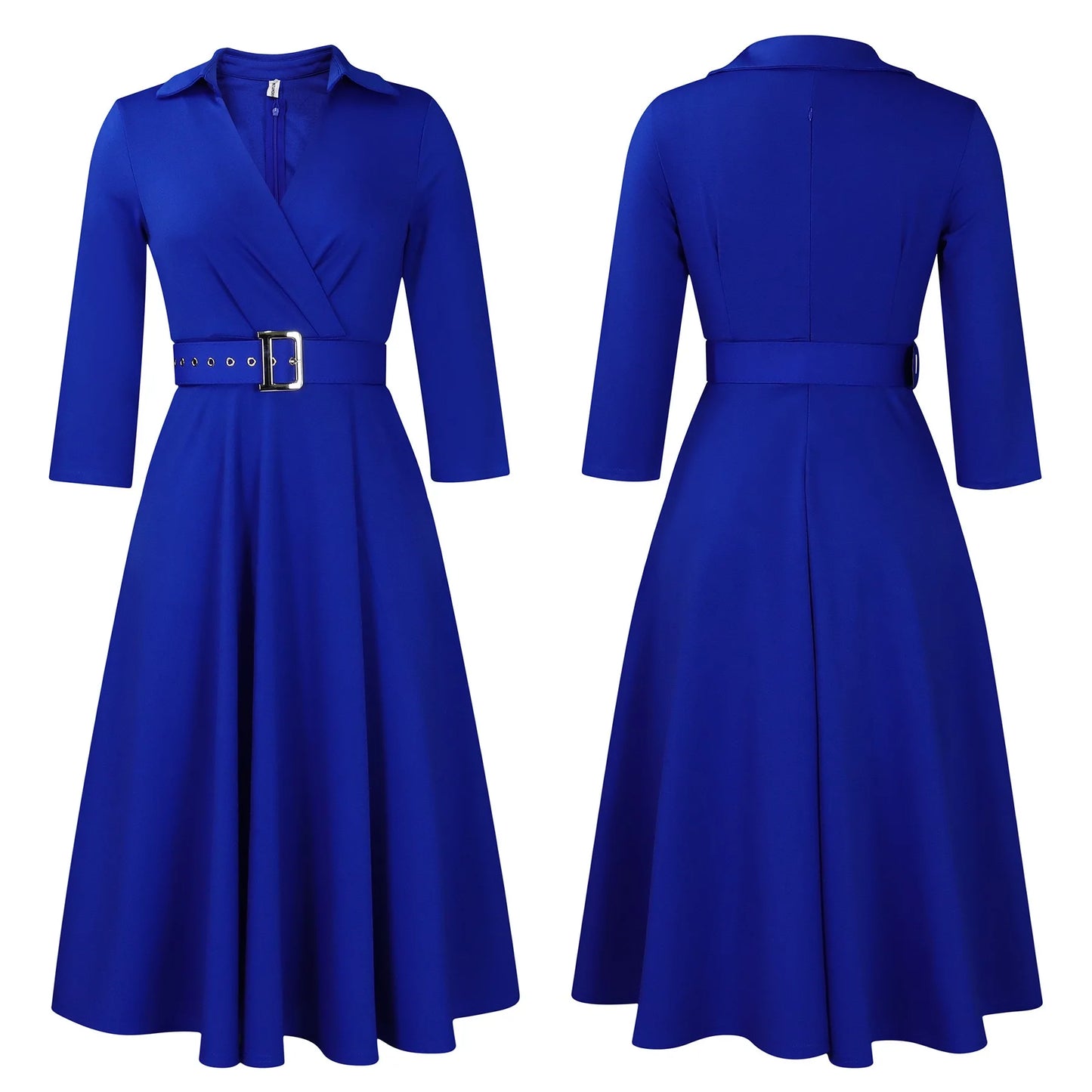 Office Dress - Turn Down Collar Belt Pleated African