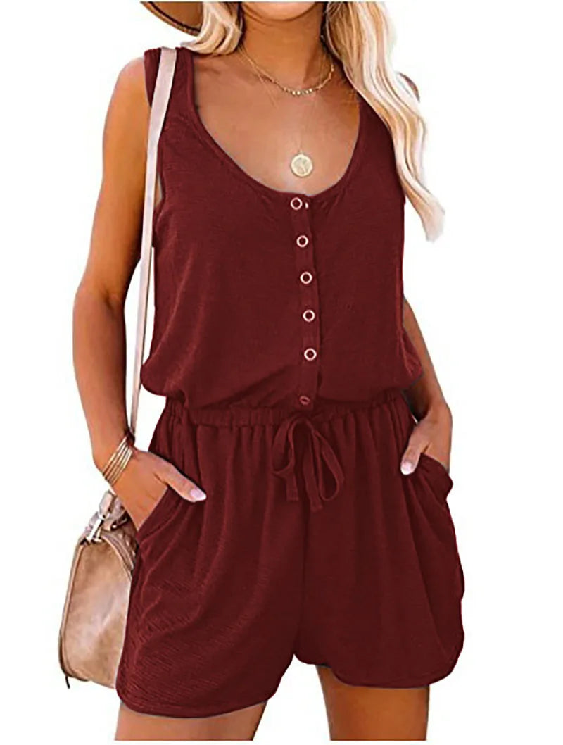Button Up Jumpsuit - Sleeveless Elastic Waist Shorts