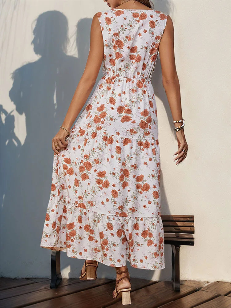 Vestido Largo Casual Floral Escote V Sin Mangas Mujer