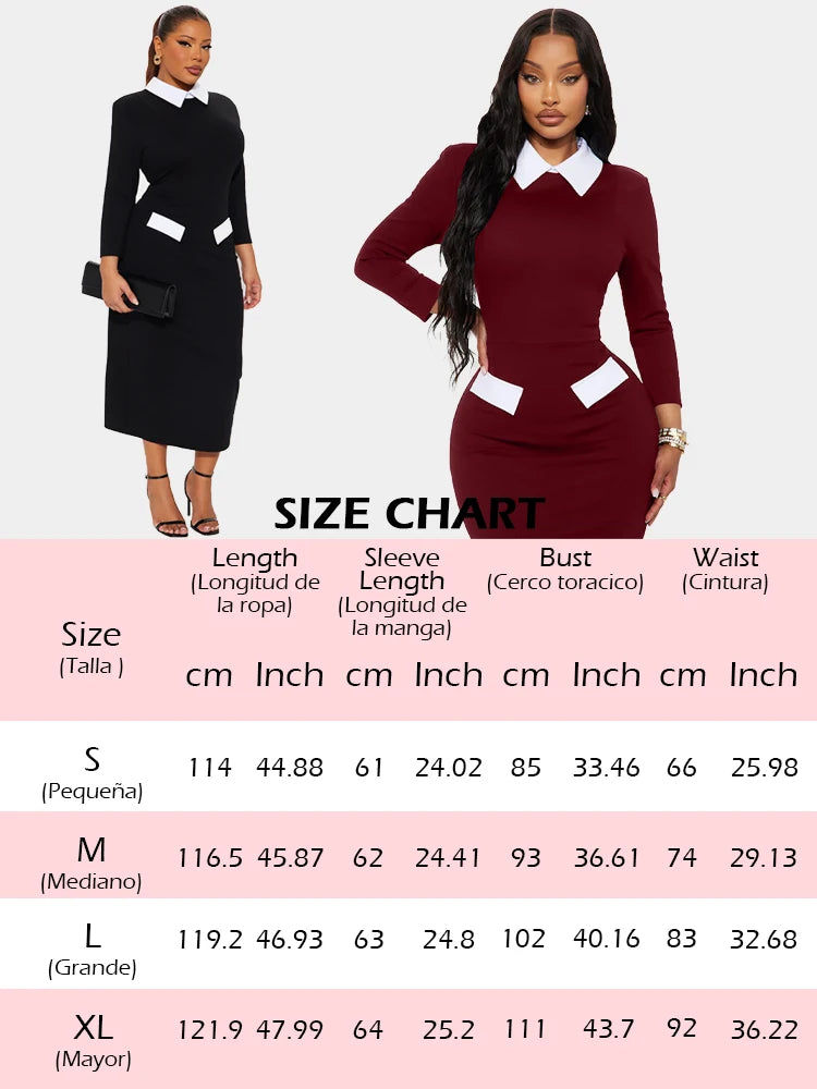 Pencil Dress - Polo Collar Long Sleeve Office
