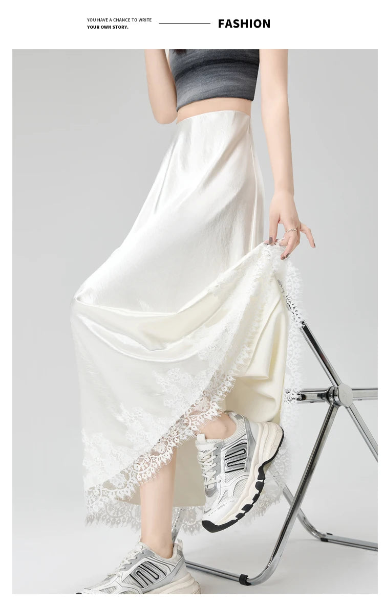 Satin Maxi Skirt - High Waist Side Slit Black