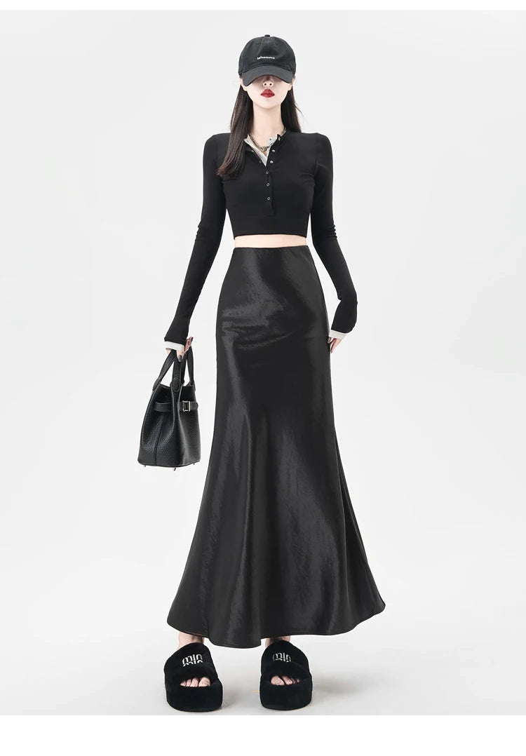 Satin Maxi Skirt - High Waist Trumpet