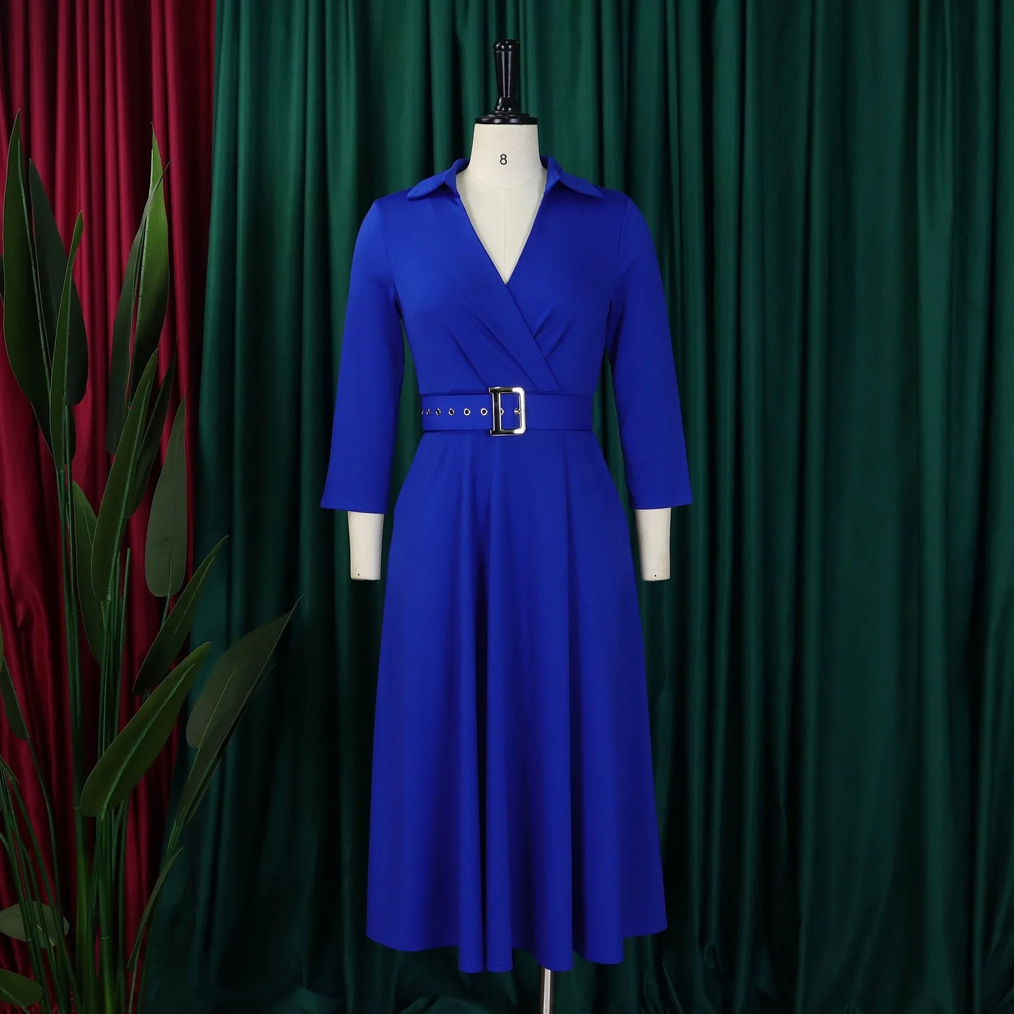 Office Dress - Turn Down Collar Belt Pleated African