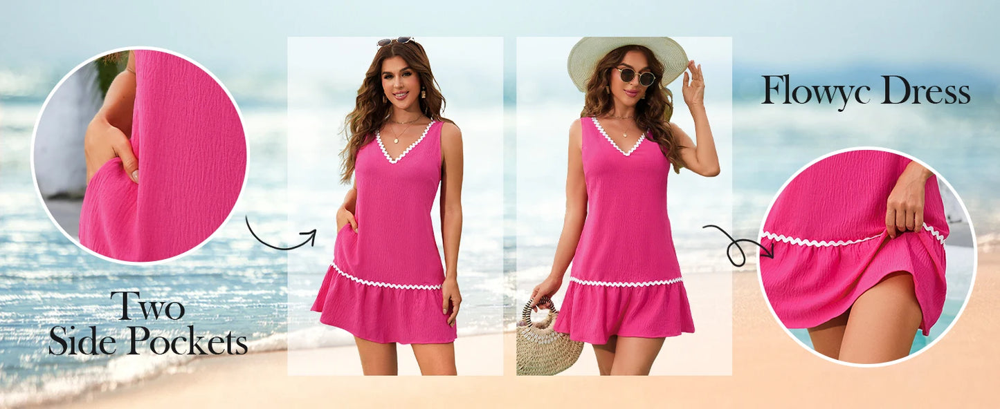 Beachside Swimwear For Women Sleeveless Lace Collar Bottom Ruffle Hem Summer Tunic Sundresses Poolparty Vacation Tank Dresses