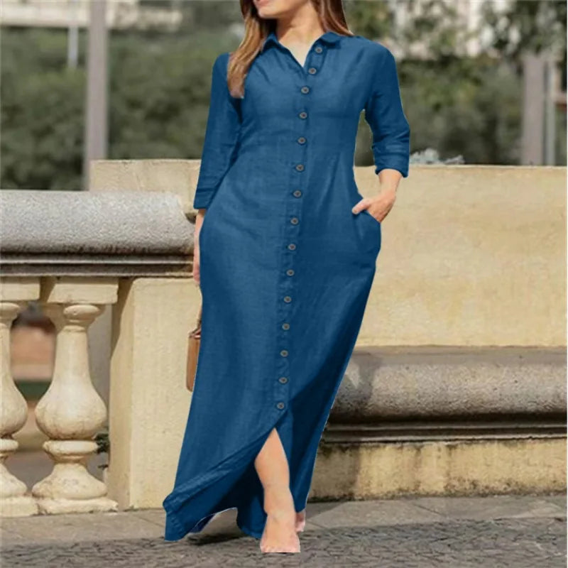 Shirt Dress - Cotton Linen Button Long Sleeve