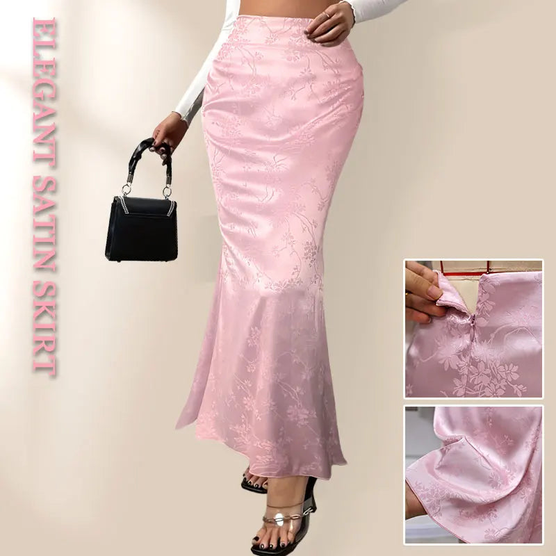 Pink Satin Pencil Midi Skirt - Floral Print