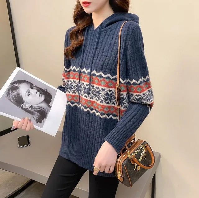 Polerón con Capucha Mujer Suelto Cordón Patchwork Estilo Étnico