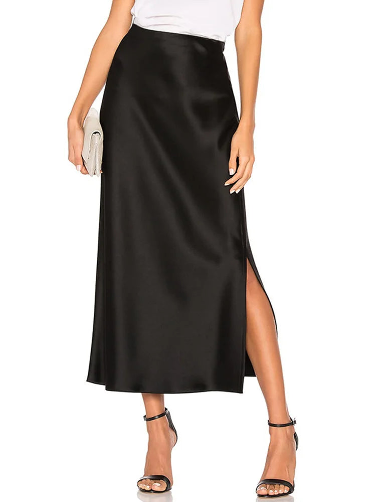 Satin Maxi Skirt - High Waist Side Slit Black