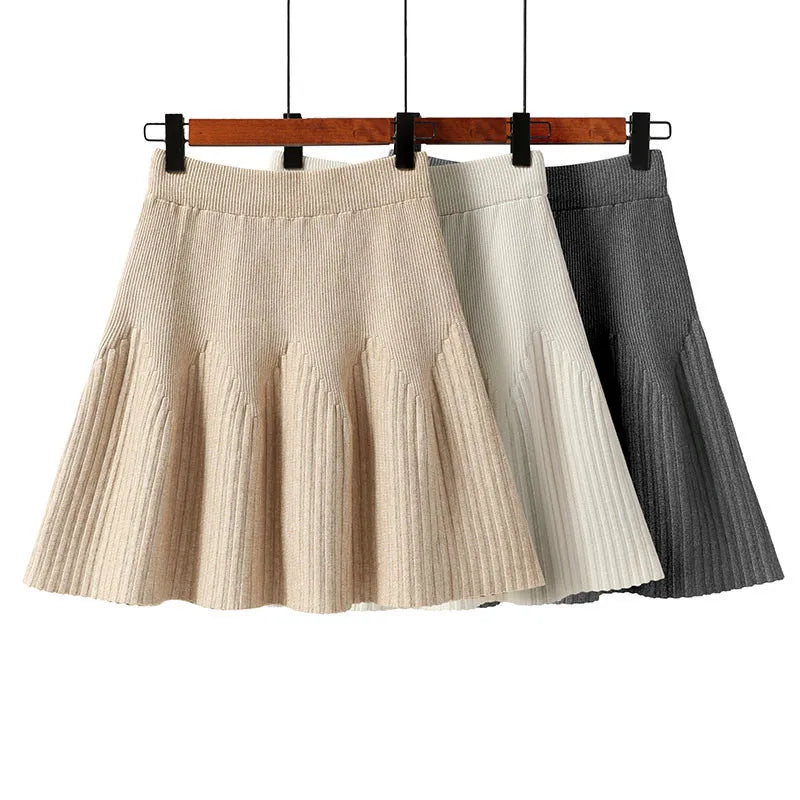 Women's Minimalist Knitting Skirt Sweet Elegant Daily Retro Folded Korean Style Autumn Mini Skirt All-match Pure Design
