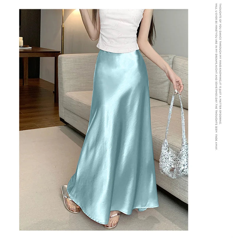 Pink Satin Midi Skirt - High Waist Fishtail Wrap