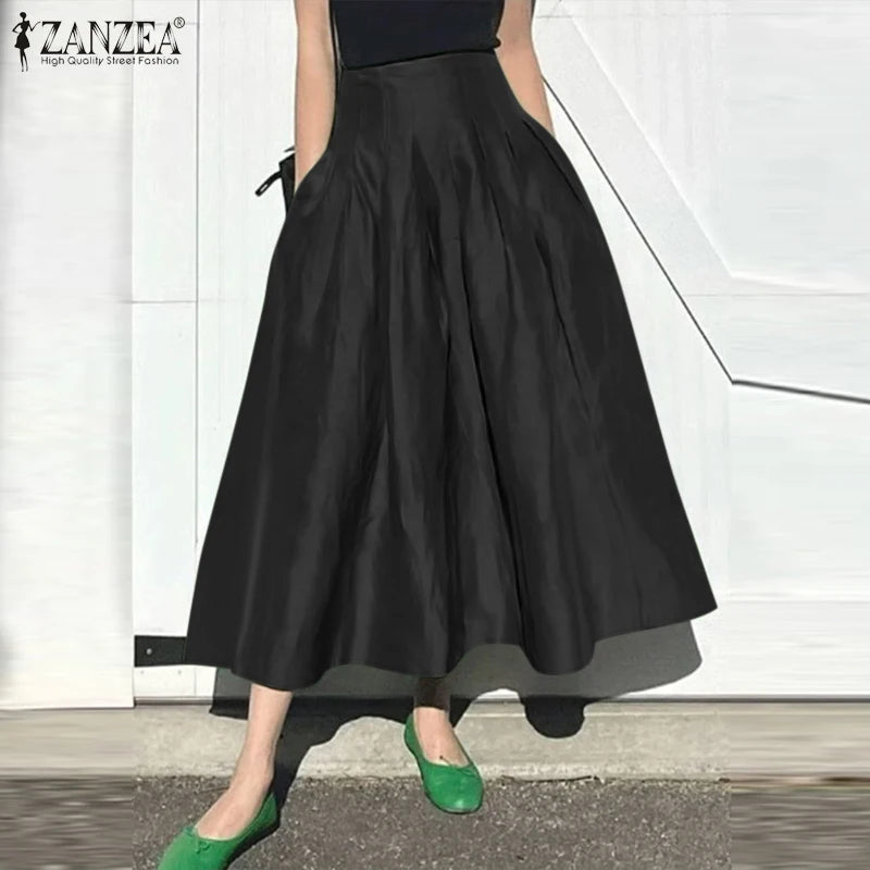 Pleated Midi Skirt - High Waist Solid Black