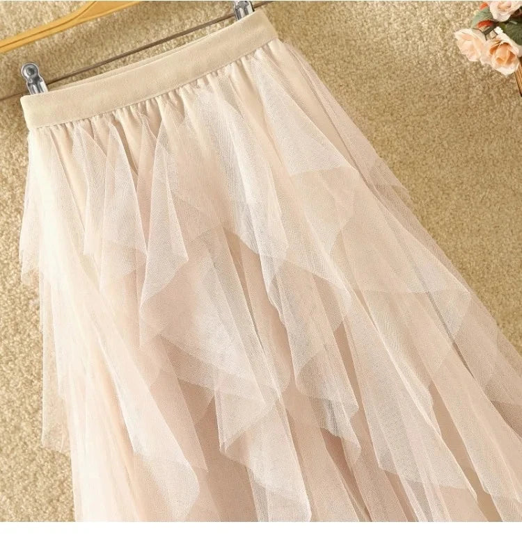 Tulle Maxi Skirt - High Waist Pleated Pink
