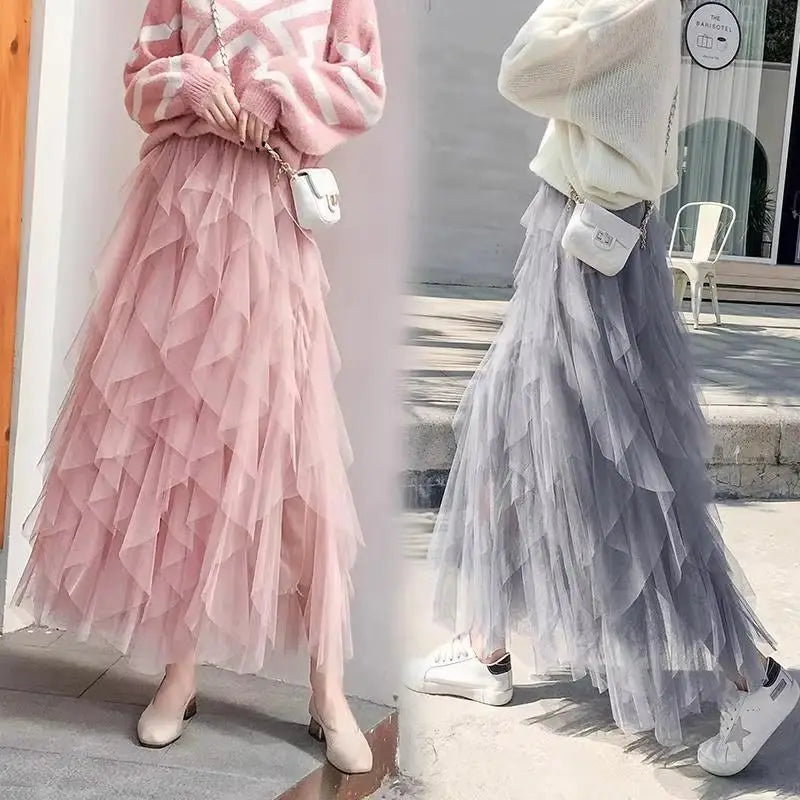 Tutu Tulle Long Maxi Skirt Women Fashion Korean Cute Pink High Waist Pleated Skirt Mesh Female Lady Aesthetic Faldas