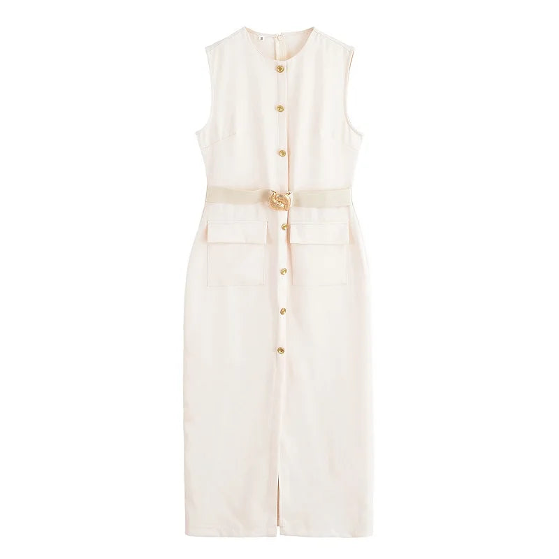 Office Midi Dress - Belt Button Sleeveless Black