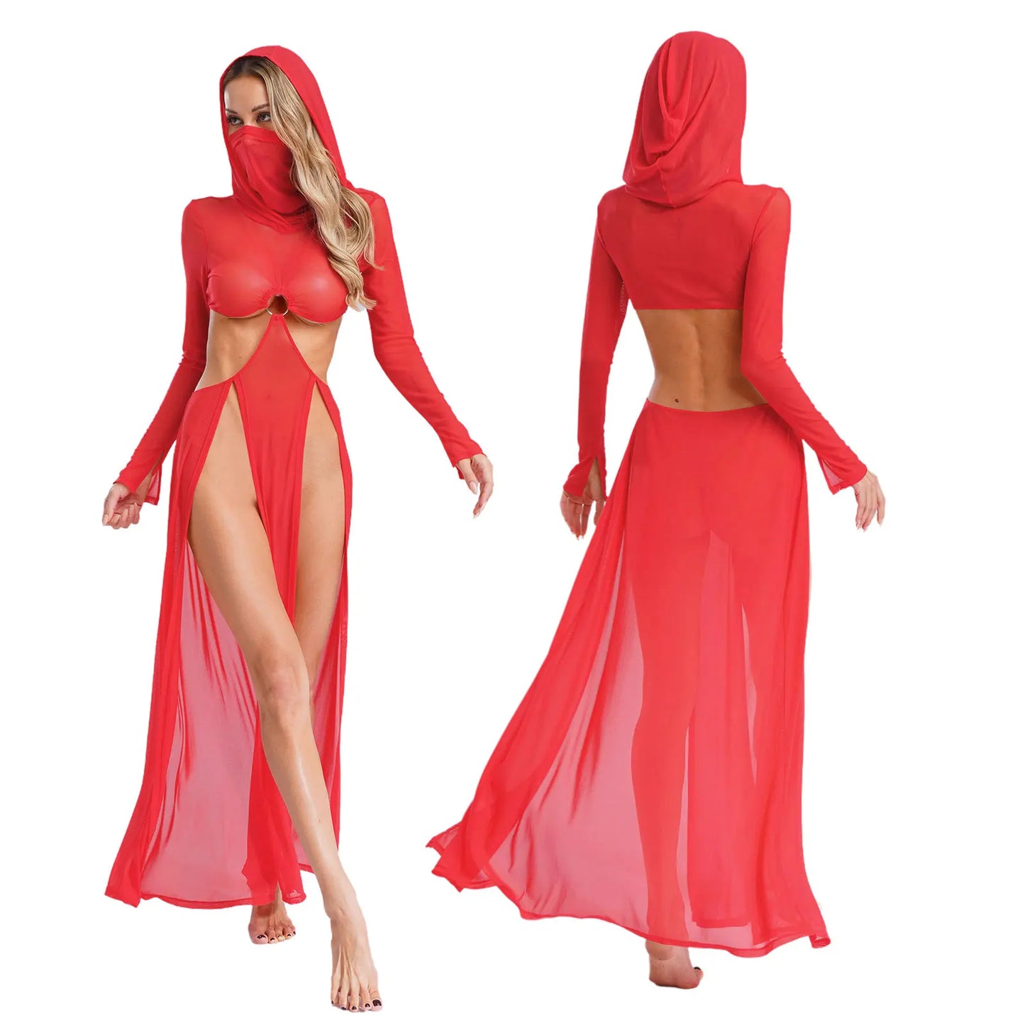Sheer Maxi Dress - Hooded Face Mask High Slit