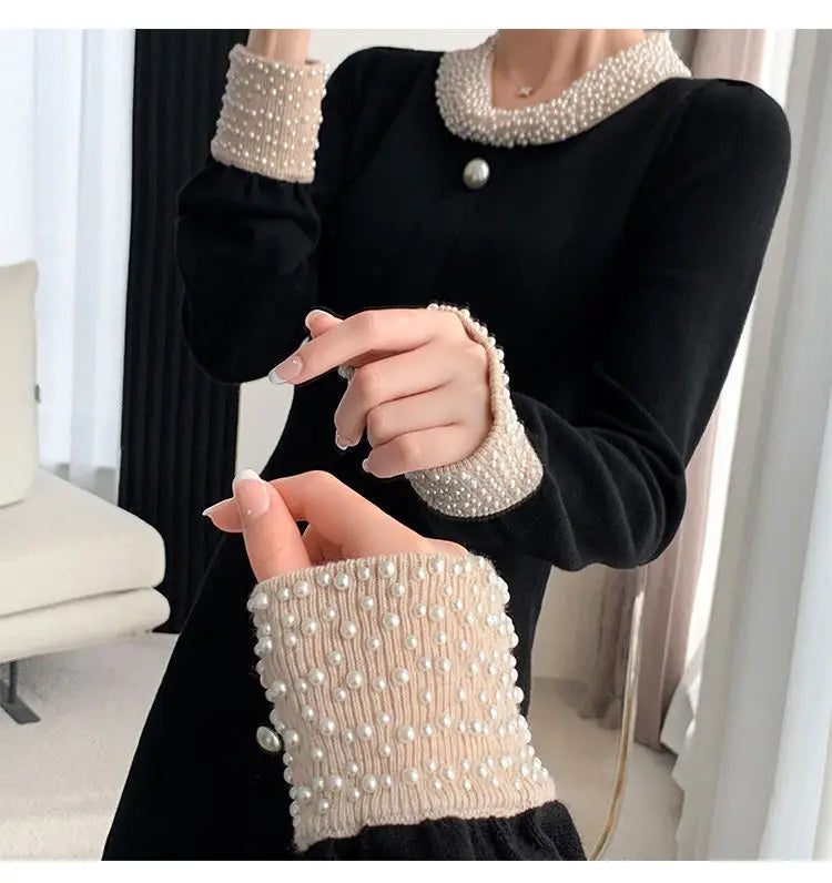 Vestido Elegante Línea A Manga Larga Cuello Redondo Botones Negro