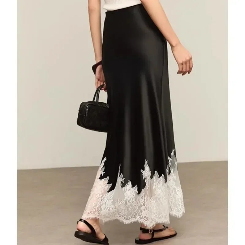 Falda Satén Encaje Ajustada Larga Mujer Elegante