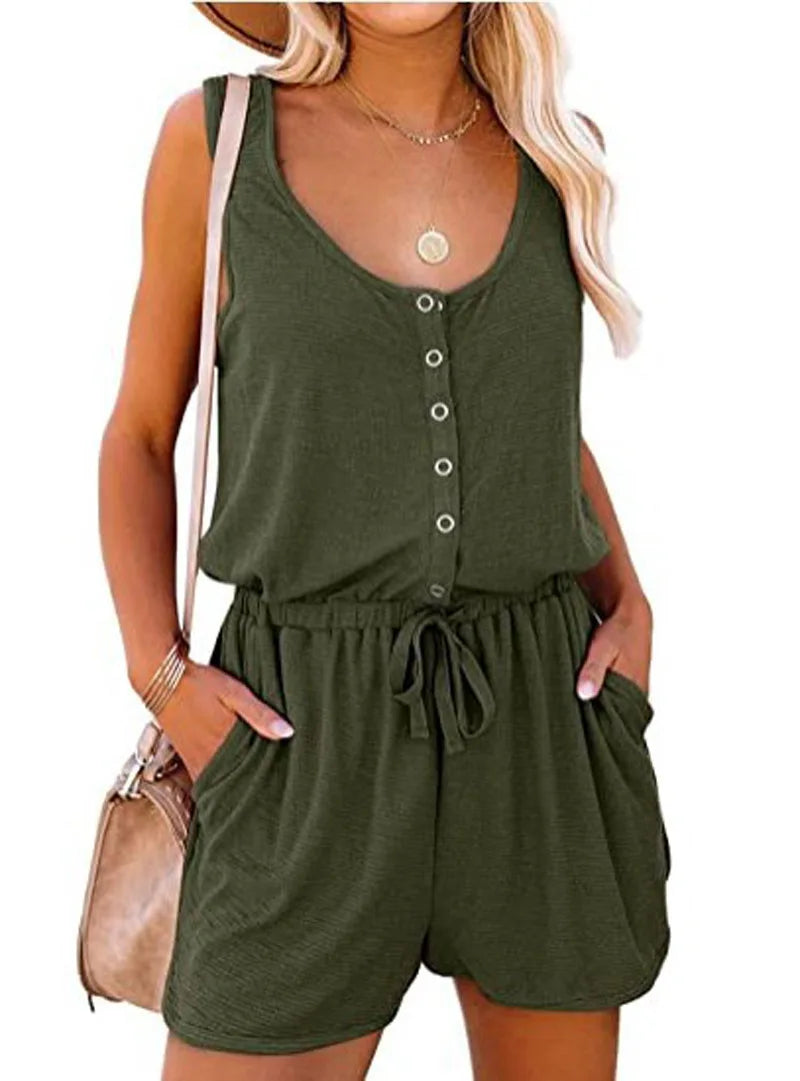 Button Up Jumpsuit - Sleeveless Elastic Waist Shorts