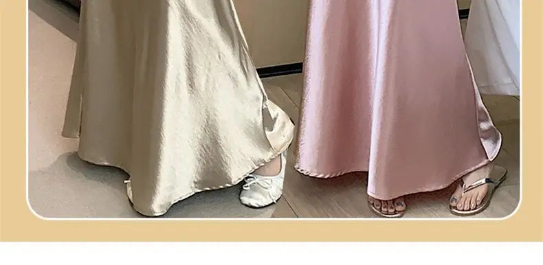 Pink Satin Midi Skirt - High Waist Fishtail Wrap