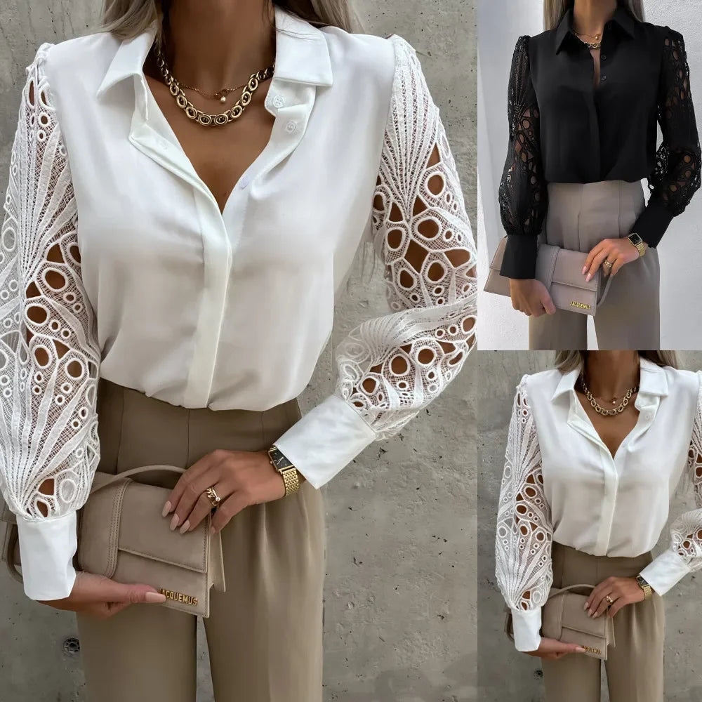 Blusa Encaje Cuello V Manga Linterna Calado Elegante Oficina