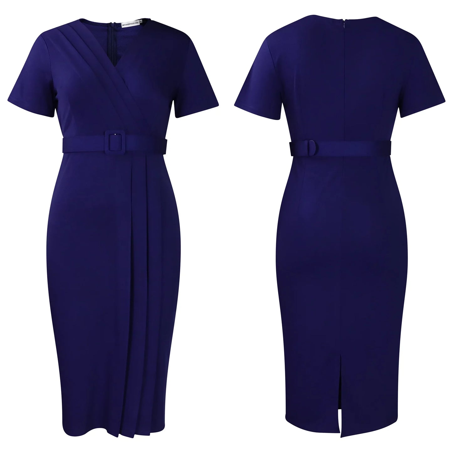 Office Dress - V Neck Belt Pleated Midi