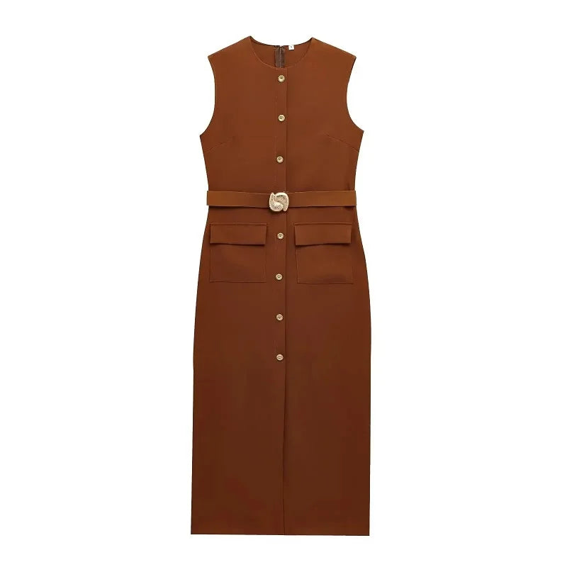 Office Midi Dress - Belt Button Sleeveless Black