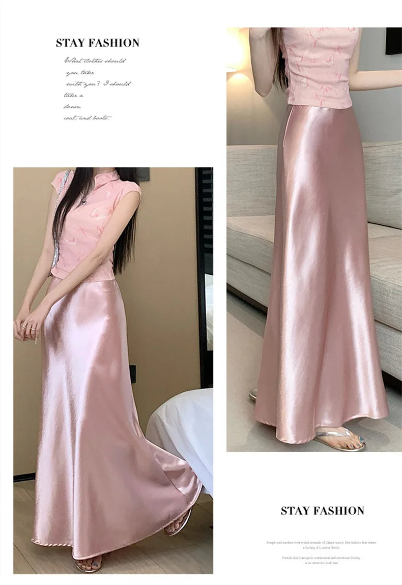 Pink Satin Midi Skirt - High Waist Fishtail Wrap
