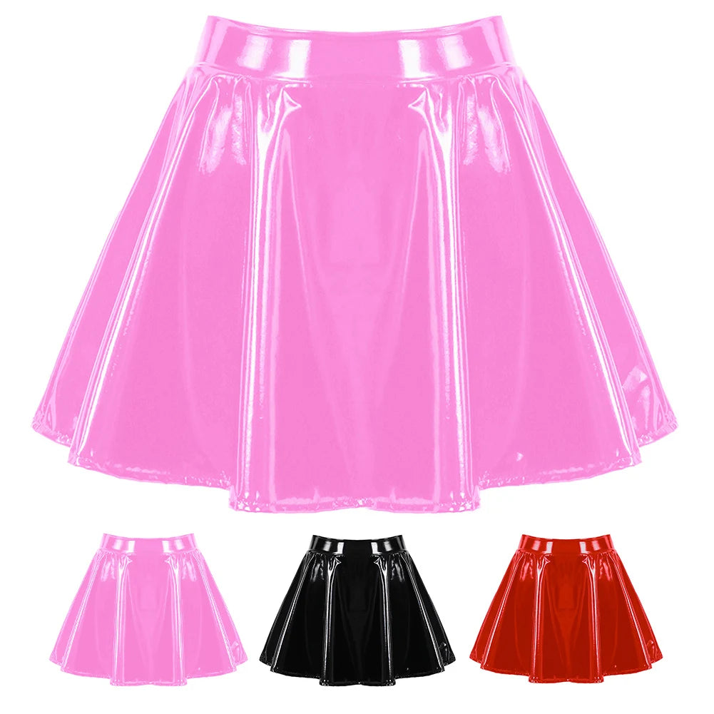 Women's Sexy Glossy Patent Leather Flared Miniskirt Dance-Performance Hot Pleated Skirt A-Line Skirt Clubwear Cosplay Costume