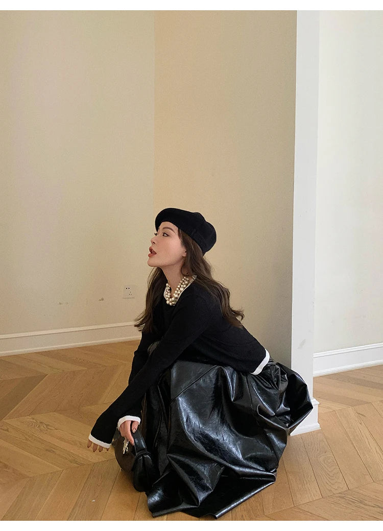 PU Leather Maxi Skirt - High Waist Pleated Black