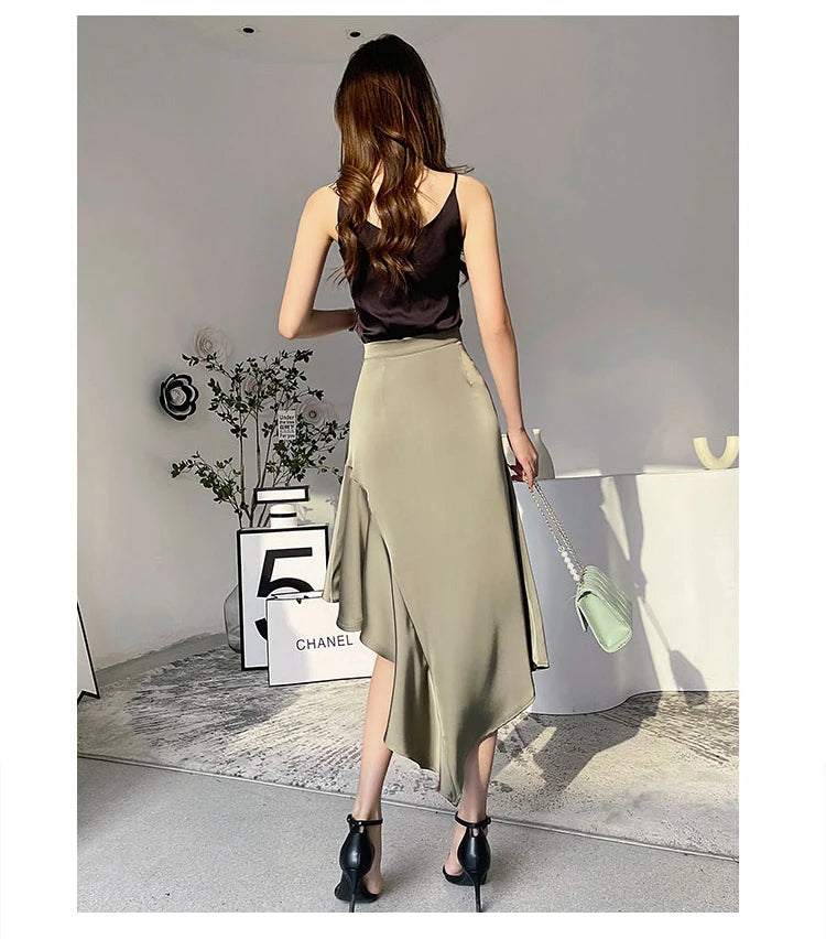 Satin Mermaid Long Skirt - High Waist Irregular