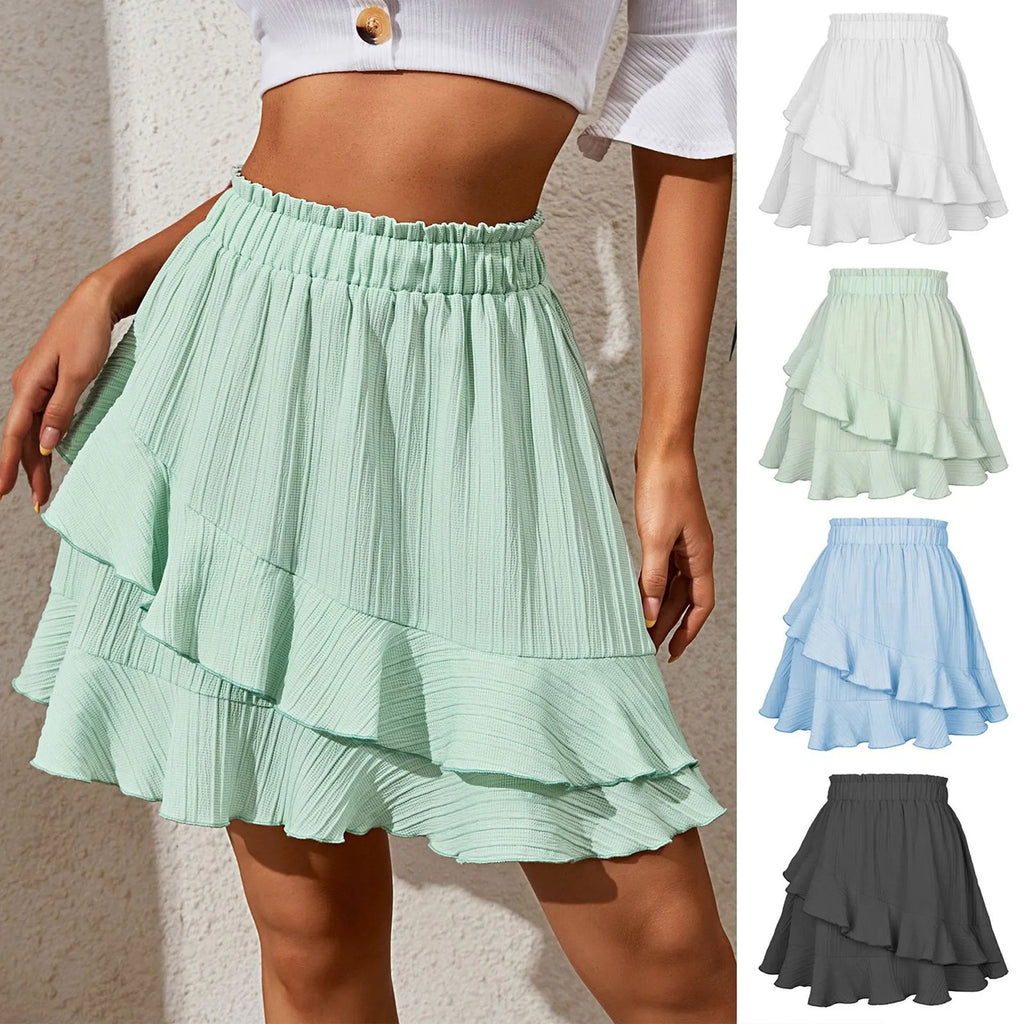 Minifalda Volantes Tiro Alto Irregular Color Sólido Mujer