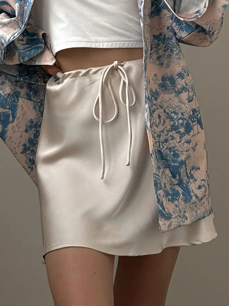 Satin Mini Skirt - Drawstring High Waist A-Line