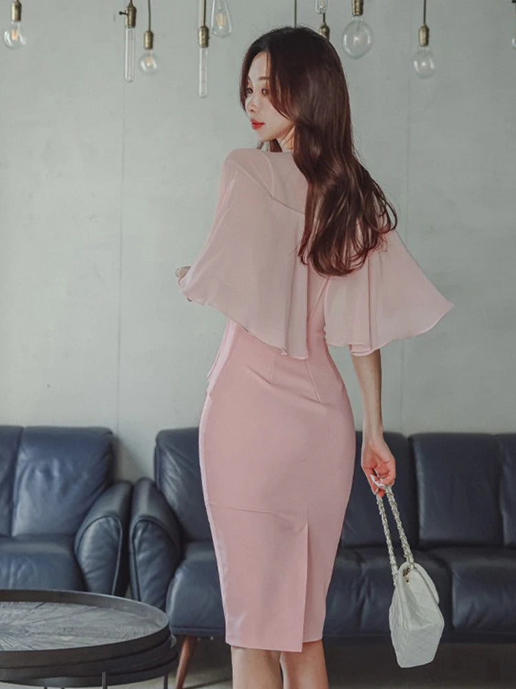Pink Pencil Dress - Cloak V-Neck Midi Party